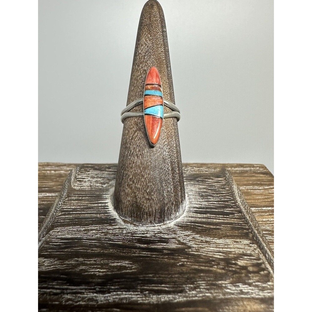 Native American Navajo Germaine Smith 925 Sterling Spiny And Turquoise Ring 6.75